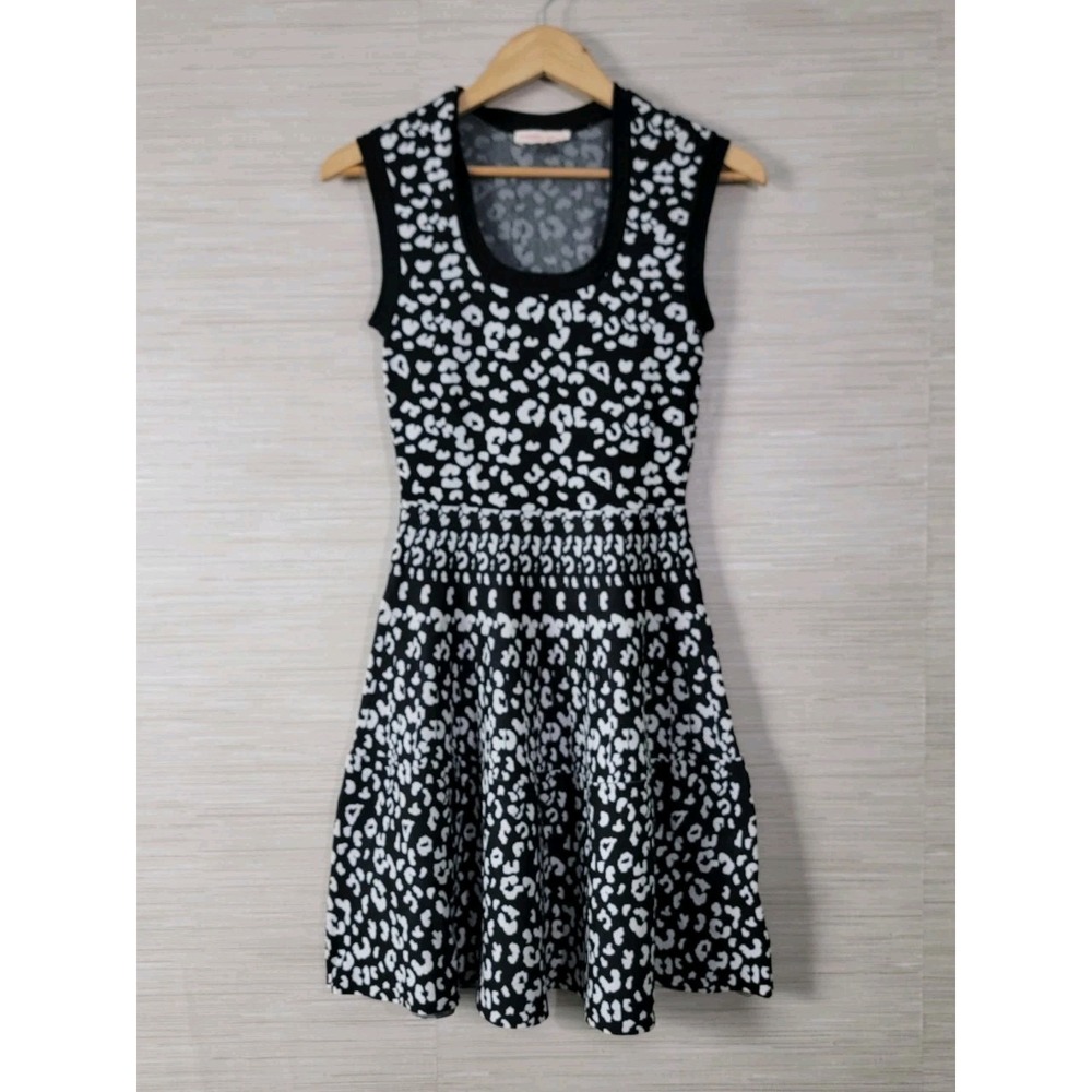 Rebecca Taylor Women's Fit Flare Dress 4 Black White Leopard Print Sleeveless